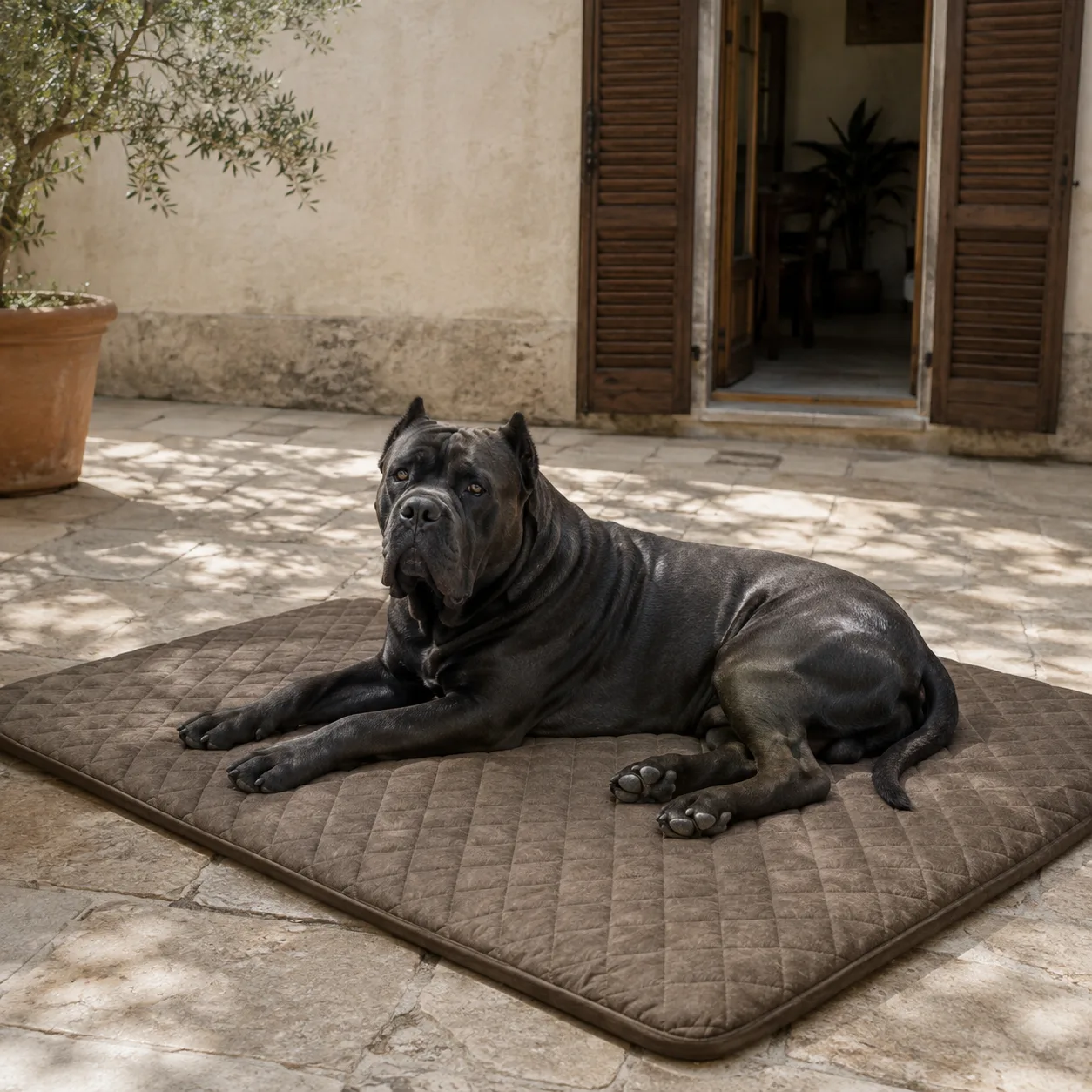 Cane corso wyciągnięty na macie w rozmiarze XL 150 na 100 cm
