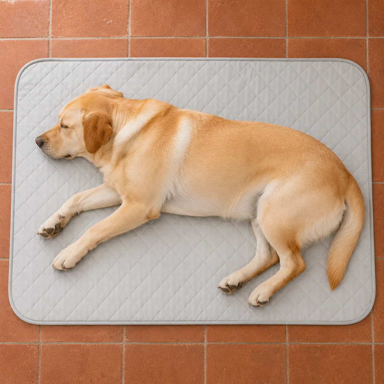 Labrador widziany z góry na macie chłodzącej, ciało zajmuje prawie całą powierzchnię