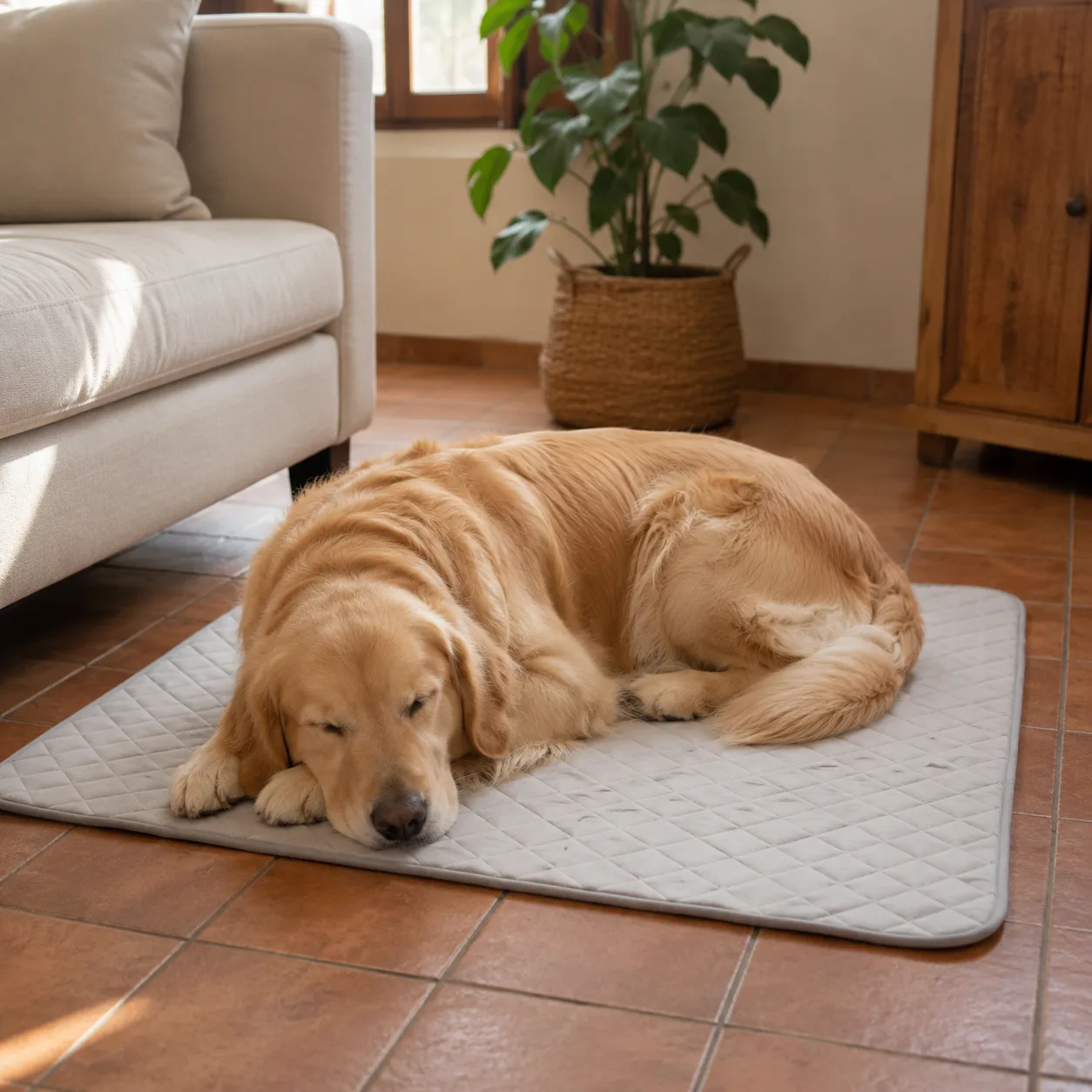 Golden retriever śpiący z głową na łapach na szarej macie chłodzącej