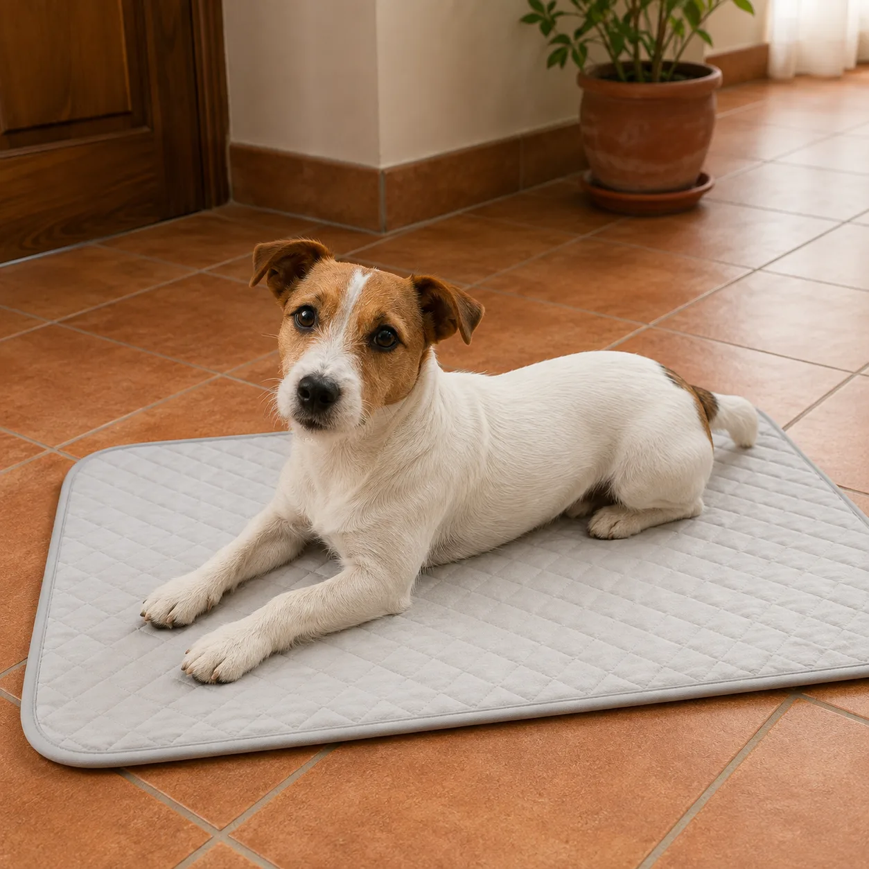 Jack russell terrier leżący czujnie na szarej macie chłodzącej