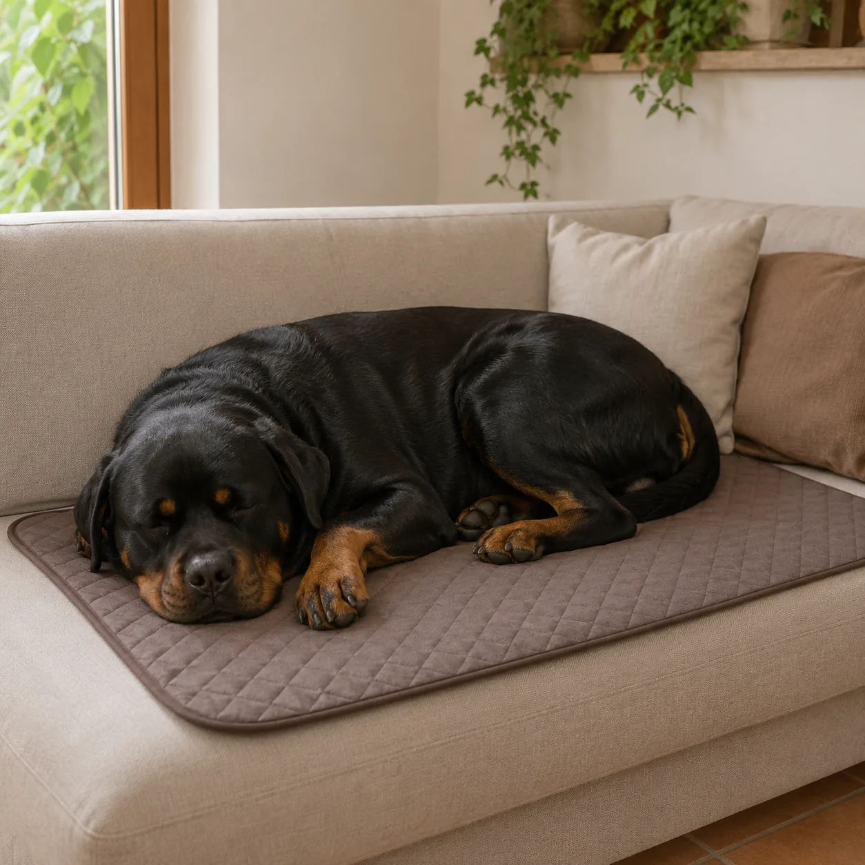 Rottweiler śpiący na brązowej macie chłodzącej na kanapie