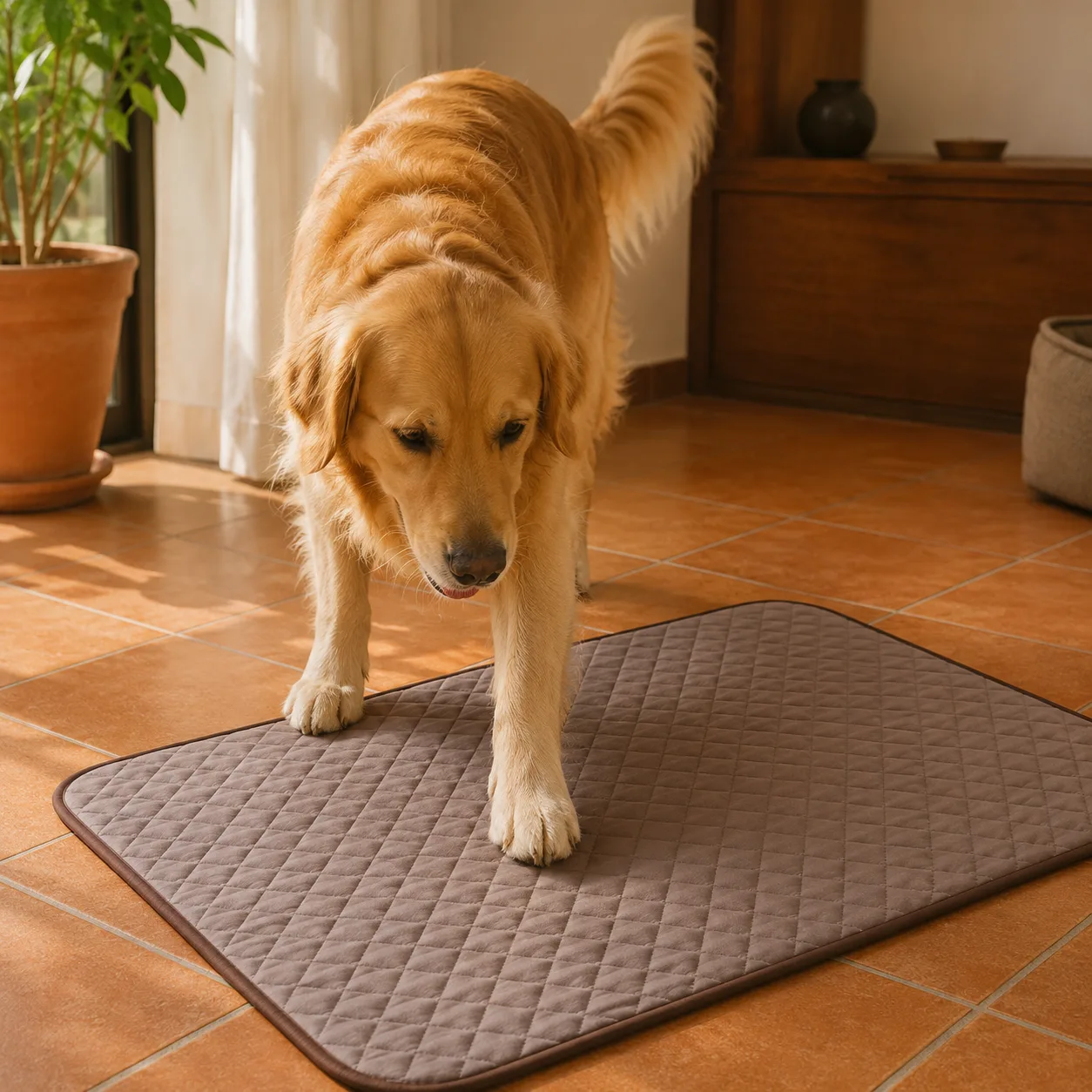 Golden retriever kładący łapę na brązowej macie chłodzącej