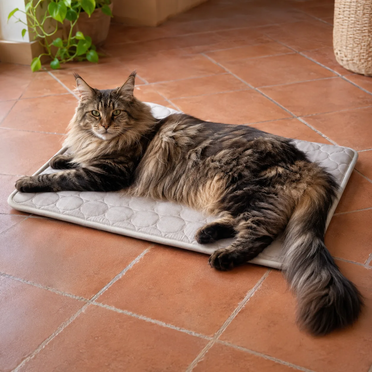 Maine coon wyciągnięty na szarej macie chłodzącej Frimouf, ogon i tylne łapy poza krawędzią