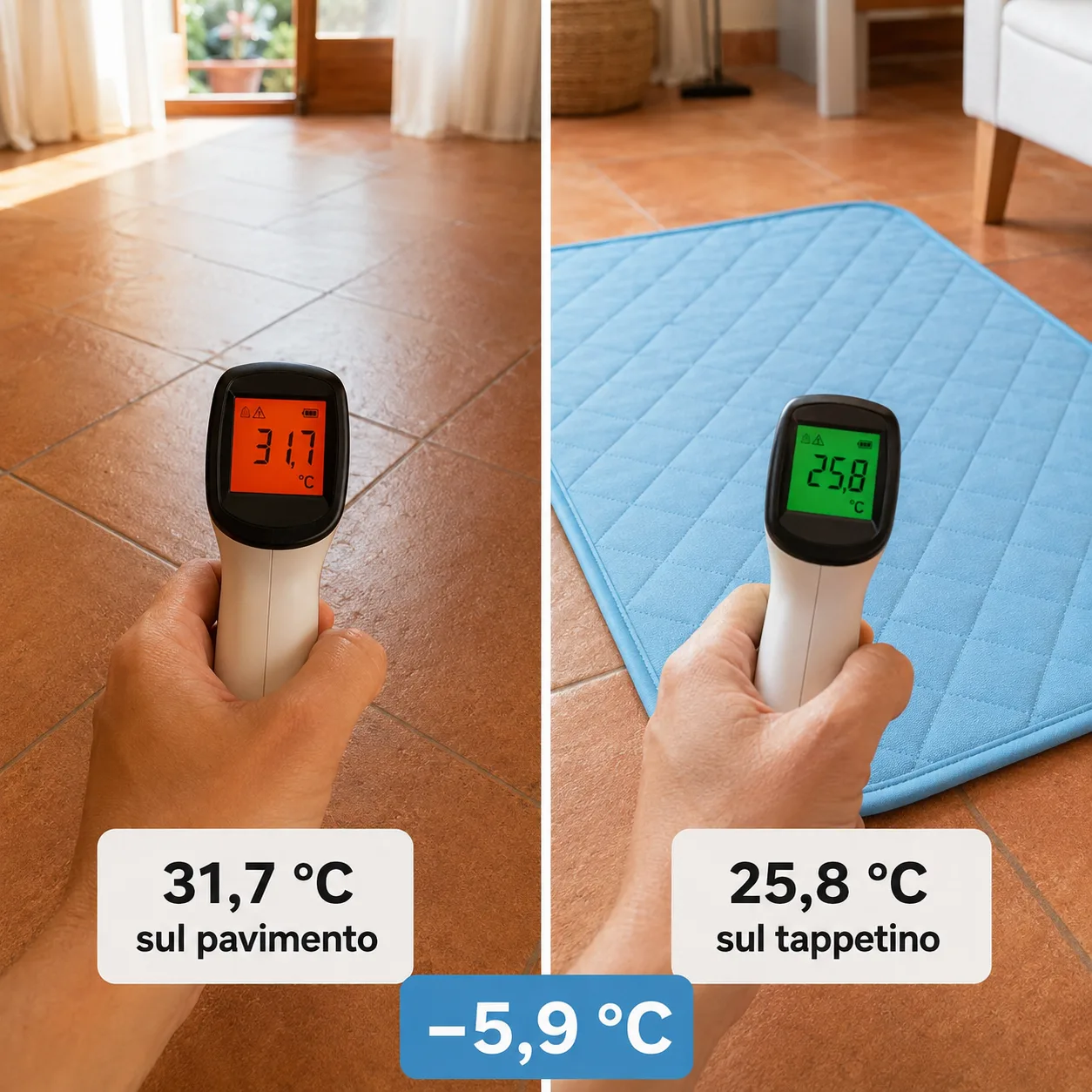 Termometr na podczerwień na gołej podłodze i na macie chłodzącej Frimouf Ice, w tym samym pomieszczeniu